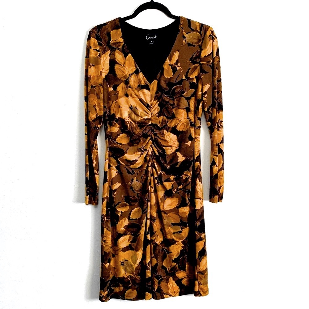 Connected Apparel Leaf Print Ruched V-Neck Dress